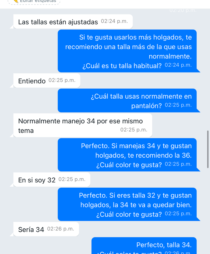 Conversación de WhatsApp donde se confirma talla y preferencia del producto