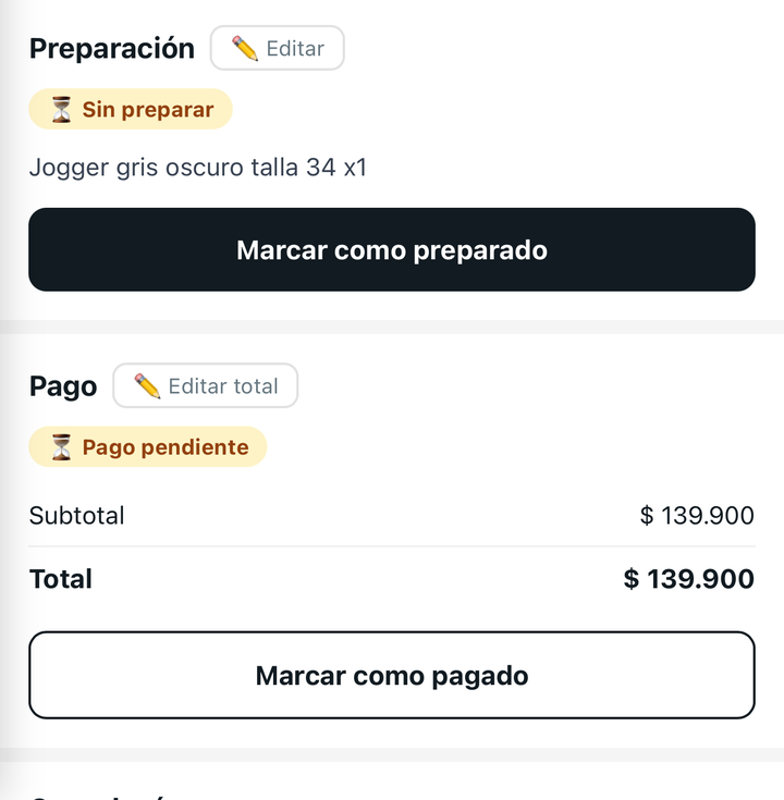 Detalle anonimizado de preparación y pago de un pedido